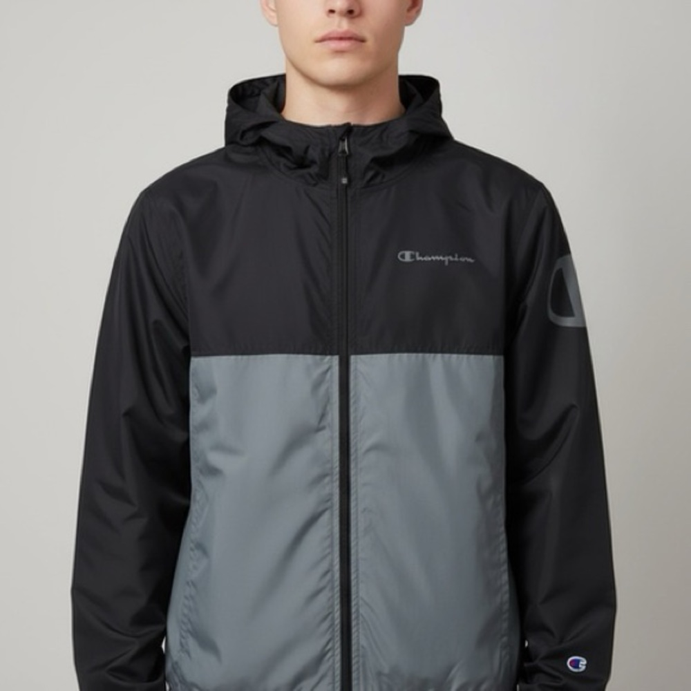 Champion Boys Windbreaker Jacket Youth Size L Black Gray Full Zip